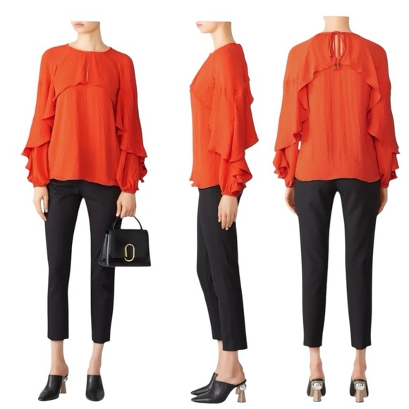 Shilla Exotic Cascade Top Crepe Flowing Ruffle Sleep LS Top in Orange Size Small - Picture 1 of 16